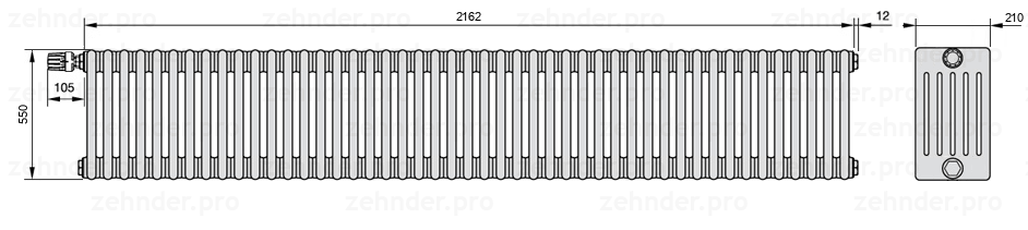 Схема (чертеж) Радиатор Zehnder Charleston 6055/47 №V011 Белый глянцевый RAL 9016